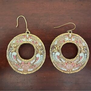 Ornate Gold and Pink Hoop Earrings 925